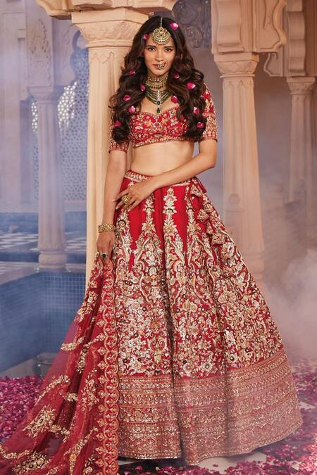 Buy_Kalighata_Red Silk, Net Zari, Embroidery Sweetheart Shah Jahan Zardozi Bridal Lehenga Set _Online_at_Aza_Fashions