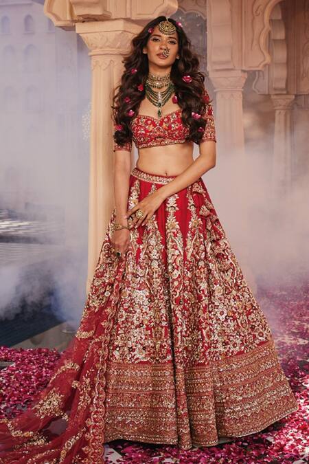Shop_Kalighata_Red Silk, Net Zari, Embroidery Sweetheart Shah Jahan Zardozi Bridal Lehenga Set _Online_at_Aza_Fashions