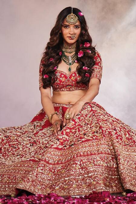 Kalighata_Red Silk, Net Zari, Embroidery Sweetheart Shah Jahan Zardozi Bridal Lehenga Set _at_Aza_Fashions