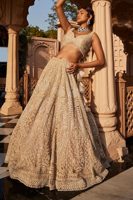 Shop_Kalighata_Ivory Net Sequins, Embroidery Vanya Bridal Lehenga Set _at_Aza_Fashions