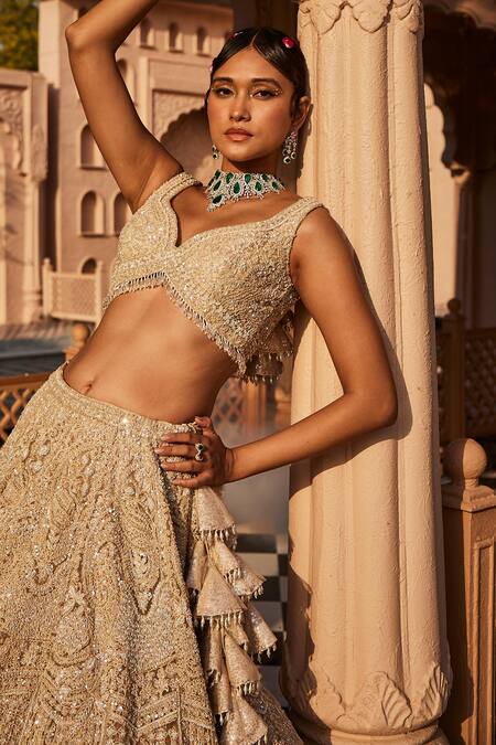 Buy_Kalighata_Ivory Net Sequins, Embroidery Vanya Bridal Lehenga Set _Online_at_Aza_Fashions