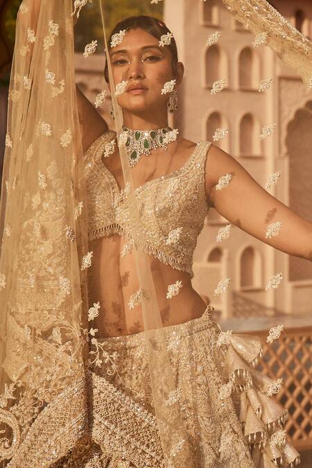 Shop_Kalighata_Ivory Net Sequins, Embroidery Vanya Bridal Lehenga Set _Online_at_Aza_Fashions
