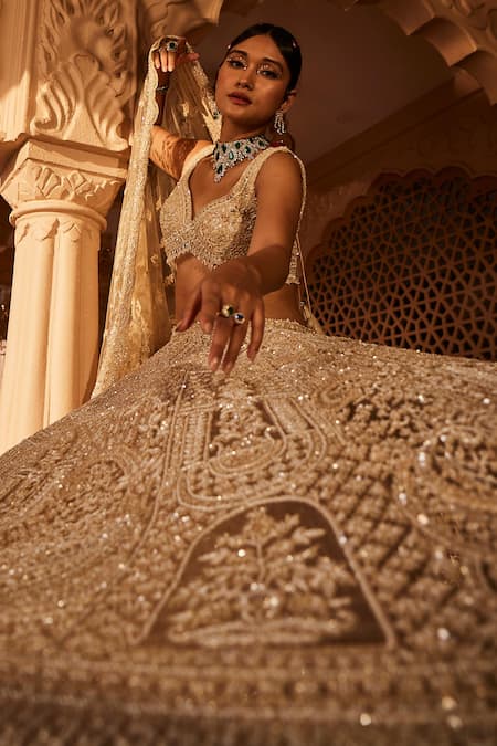 Buy_Kalighata_Ivory Net Sequins, Embroidery Vanya Bridal Lehenga Set 