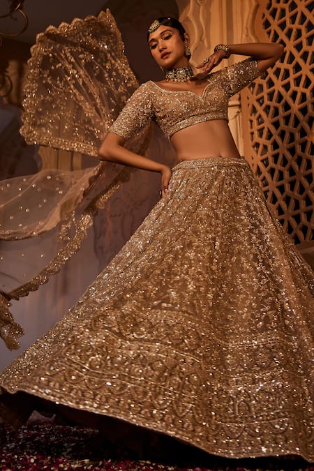 Kalighata Gold Organza Hand Embroidered Thread And Zarin Bridal Lehenga Set  