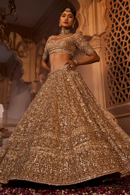Shop Kalighata Gold Organza, Net Sequins, Embroidery Bandeau Neck Zarin Bridal Lehenga Set at Aza Fashions Shop_Kalighata_Gold Organza, Net Sequins, Embroidery Bandeau Neck Zarin Bridal Lehenga Set_at_Aza_Fashions