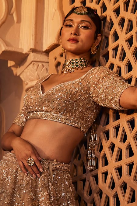 Kalighata Gold Organza, Net Sequins, Embroidery Bandeau Neck Zarin Bridal Lehenga Set Online at Aza Fashions Kalighata_Gold Organza, Net Sequins, Embroidery Bandeau Neck Zarin Bridal Lehenga Set_Online_at_Aza_Fashions