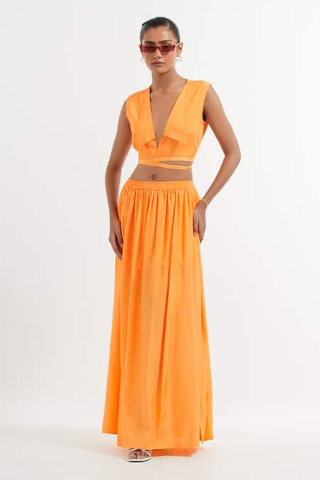 TIC Orange Silk Solid Shirt Collar Wrap Crop Top With Skirt 