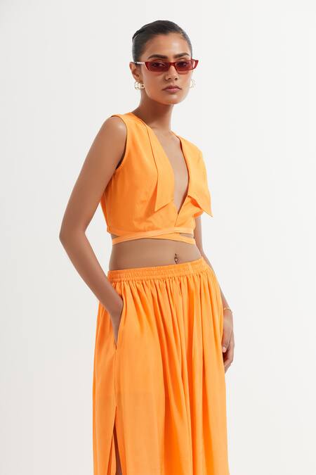 Buy_The Indian Cause_Orange Silk Shawl Neck Wrap Top And Side Slit Skirt_Online_at_Aza_Fashions