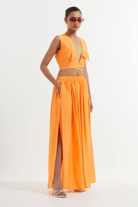 Shop_The Indian Cause_Orange Silk Shawl Neck Wrap Top And Side Slit Skirt_Online_at_Aza_Fashions