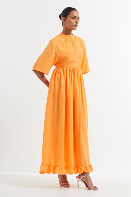 The Indian Cause_Orange Silk Bandeau Neck Flared Sleeve Maxi Dress_Online_at_Aza_Fashions