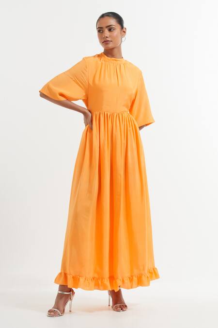 Buy_The Indian Cause_Orange Silk Bandeau Neck Flared Sleeve Maxi Dress_Online_at_Aza_Fashions