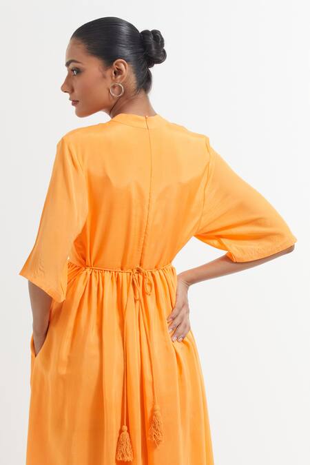Shop_The Indian Cause_Orange Silk Bandeau Neck Flared Sleeve Maxi Dress_Online_at_Aza_Fashions