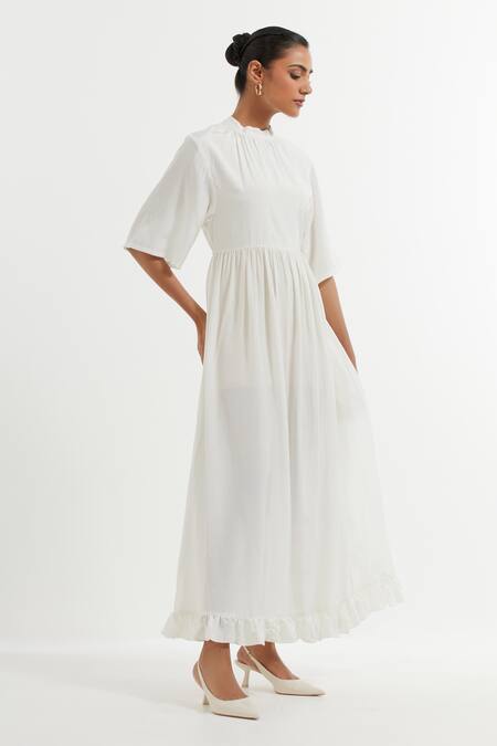 The Indian Cause_White Silk Bandeau Neck Flared Maxi Dress_Online_at_Aza_Fashions