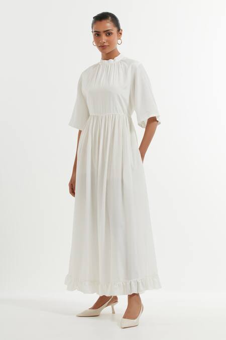 Buy_The Indian Cause_White Silk Bandeau Neck Flared Maxi Dress_Online_at_Aza_Fashions