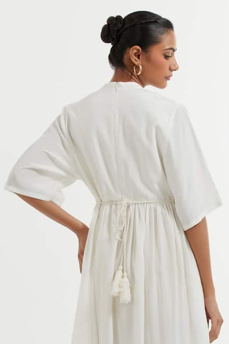 Shop_The Indian Cause_White Silk Bandeau Neck Flared Maxi Dress_Online_at_Aza_Fashions
