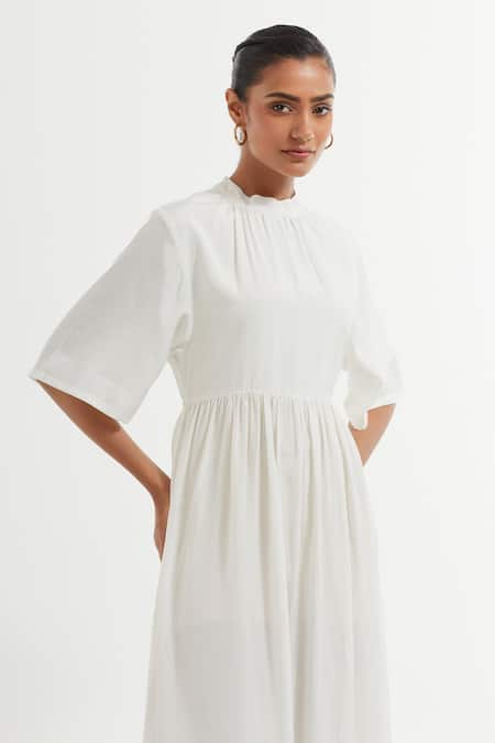 The Indian Cause_White Silk Bandeau Neck Flared Maxi Dress_at_Aza_Fashions