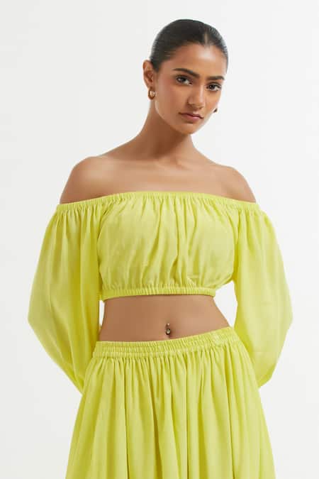 The Indian Cause_Yellow Silk Shawl Neck Ruched Crop Top With Skirt_Online_at_Aza_Fashions