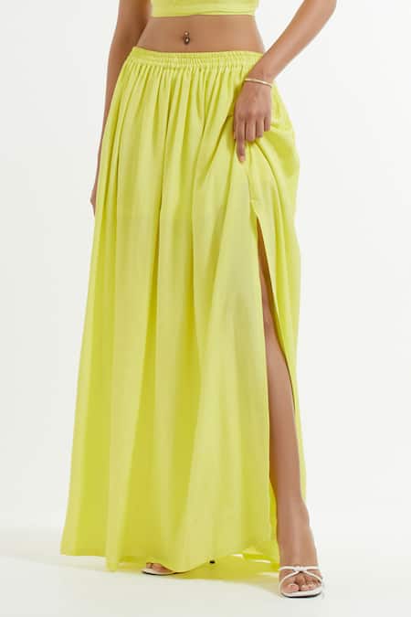 The Indian Cause_Yellow Silk Shawl Neck Ruched Crop Top With Skirt_at_Aza_Fashions