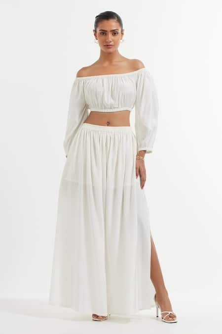 TIC White Silk Off Shoulder Crop Top & Skirt 