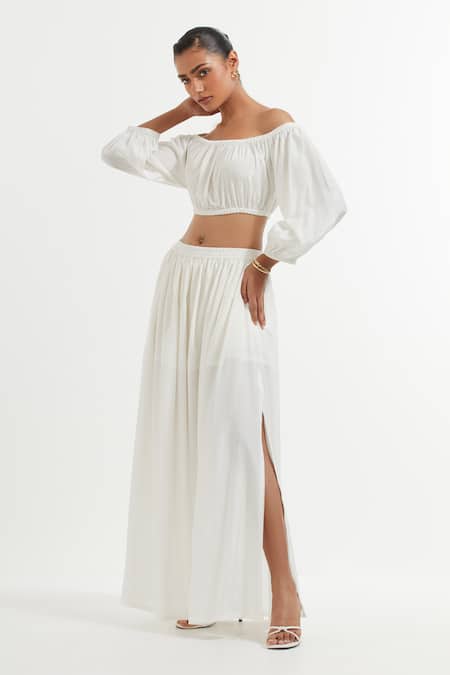 The Indian Cause White Silk Shawl Neck Off Shoulder Crop Top And Skirt Online at Aza Fashions The Indian Cause_White Silk Shawl Neck Off Shoulder Crop Top And Skirt_Online_at_Aza_Fashions