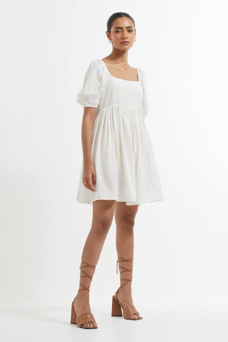 The Indian Cause_White Silk Round Neck Puff Sleeve Fit And Flare Dress_Online_at_Aza_Fashions