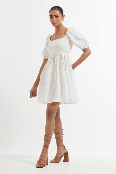 Buy_The Indian Cause_White Silk Round Neck Puff Sleeve Fit And Flare Dress_Online_at_Aza_Fashions