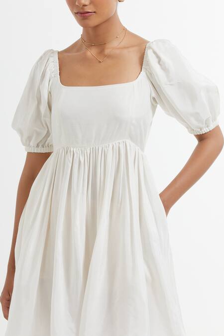 The Indian Cause_White Silk Round Neck Puff Sleeve Fit And Flare Dress_at_Aza_Fashions