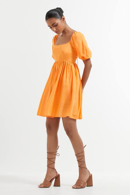 The Indian Cause_Orange Silk Round Neck Fit And Flare Short Dress_Online_at_Aza_Fashions