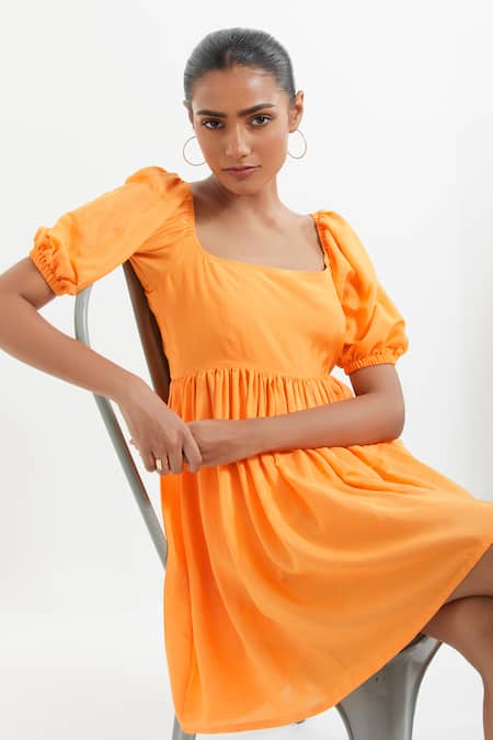 Buy_The Indian Cause_Orange Silk Round Neck Fit And Flare Short Dress_Online_at_Aza_Fashions
