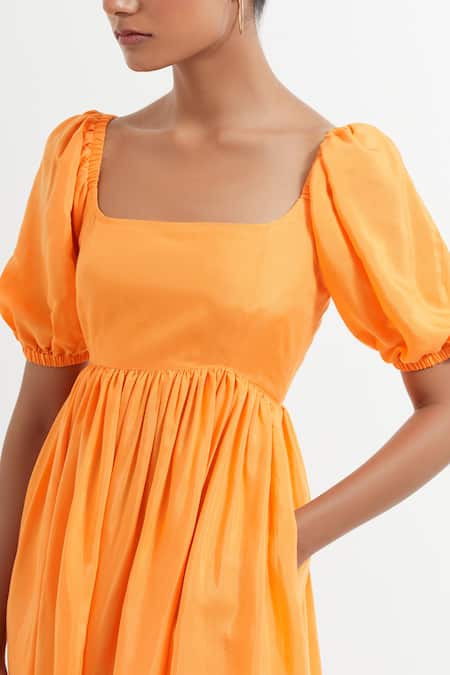 The Indian Cause_Orange Silk Round Neck Fit And Flare Short Dress_at_Aza_Fashions