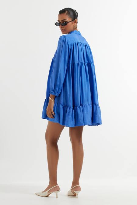 Shop_THE INDIAN CAUSE_Blue Silk Shawl Neck Tiered Dress _at_Aza_Fashions