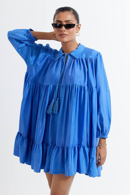 Shop_THE INDIAN CAUSE_Blue Silk Shawl Neck Tiered Dress _Online_at_Aza_Fashions