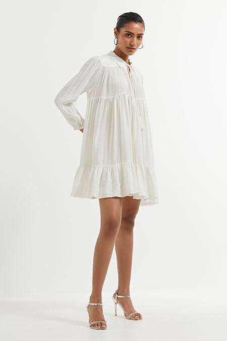 The Indian Cause_White Silk Shawl Neck Solid Tiered Dress_Online_at_Aza_Fashions