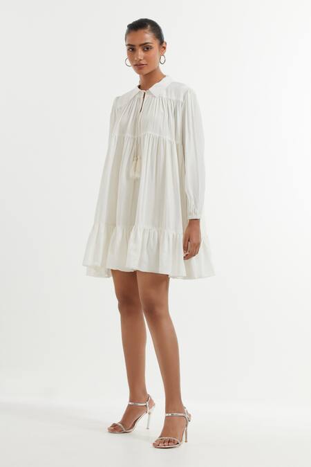 Buy_The Indian Cause_White Silk Shawl Neck Solid Tiered Dress_Online_at_Aza_Fashions
