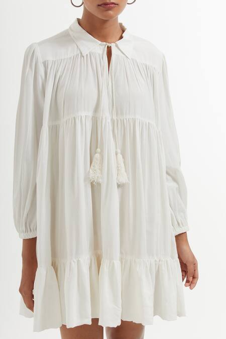 Shop_The Indian Cause_White Silk Shawl Neck Solid Tiered Dress_Online_at_Aza_Fashions