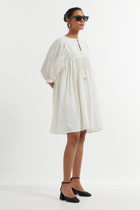 The Indian Cause_White Silk Tassels Round Neck Front Tie Dress_Online_at_Aza_Fashions
