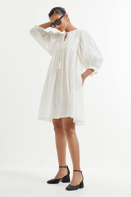 Buy_The Indian Cause_White Silk Tassels Round Neck Front Tie Dress_Online_at_Aza_Fashions