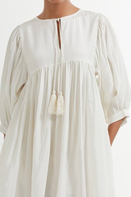 Shop_The Indian Cause_White Silk Tassels Round Neck Front Tie Dress_Online_at_Aza_Fashions