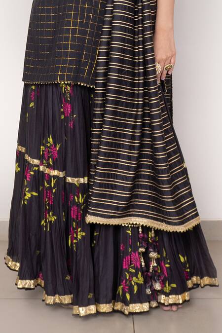 Vikram Phadnis_Black Chanderi Checkered Pattern Kurta Sharara Set_Online_at_Aza_Fashions