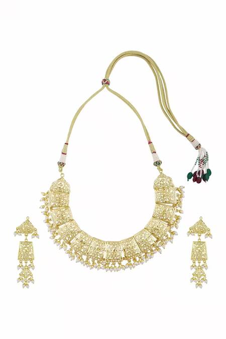 Shop Zevar By Geeta Gold Plated Pearls Stone Choker Set at Aza Fashions Shop_Zevar By Geeta_Gold Plated Pearls Stone Choker Set_at_Aza_Fashions