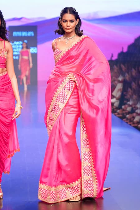 Punit Balana_Pink Organza, Silk Gota Patti, Embroidery Scoop Marodi Border Saree With Blouse _Online_at_Aza_Fashions