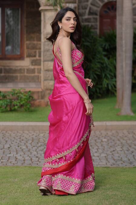 Buy_Punit Balana_Pink Organza, Silk Gota Patti, Embroidery Scoop Marodi Border Saree With Blouse _Online_at_Aza_Fashions