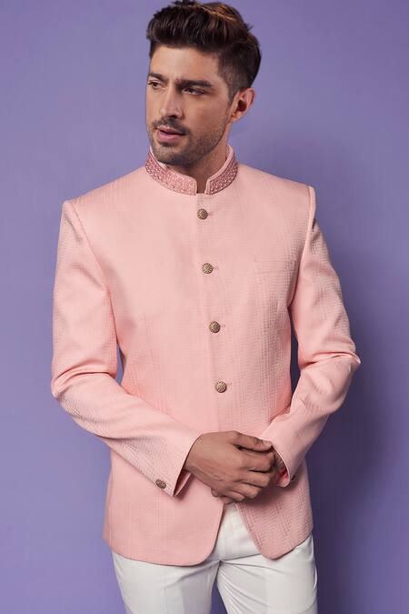 Buy_Sammohan Ceremonial_Peach Cotton, Lining Blended Satin, Silk Geometric Pattern Bandhgala With Pant_Online_at_Aza_Fashions