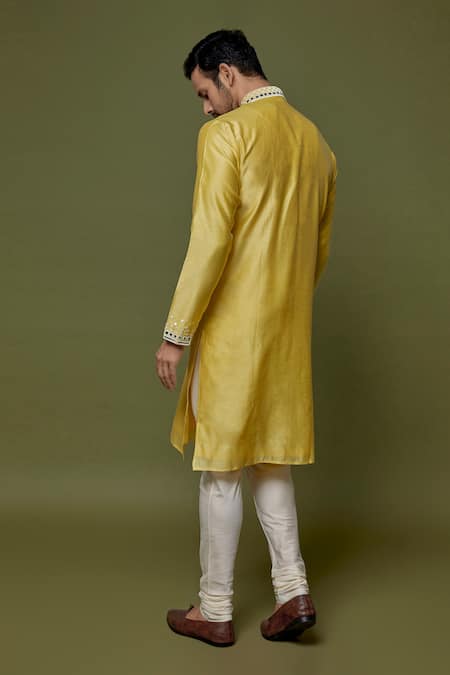 Shop Sammohan Ceremonial Yellow Chanderi, Linen, Cotton Mirrors Placket Kurta With Churidar at Aza Fashions Shop_Sammohan Ceremonial_Yellow Chanderi, Linen, Cotton Mirrors Placket Kurta With Churidar_at_Aza_Fashions