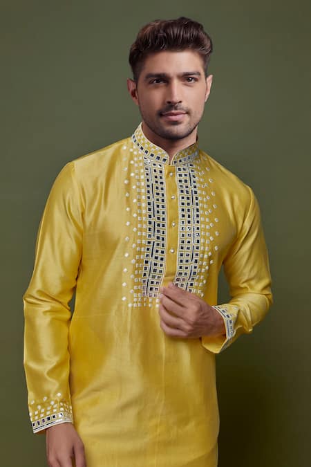 Buy Sammohan Ceremonial Yellow Chanderi, Linen, Cotton Mirrors Placket Kurta With Churidar Online at Aza Fashions Buy_Sammohan Ceremonial_Yellow Chanderi, Linen, Cotton Mirrors Placket Kurta With Churidar_Online_at_Aza_Fashions