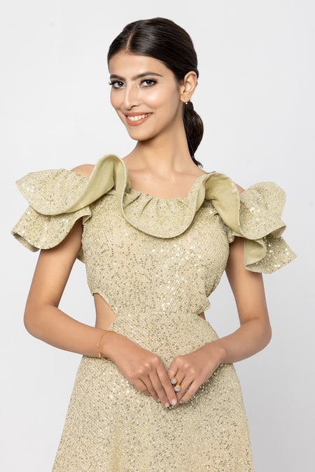 Sartoriale_Gold Viscose, Polyester Sequins One Shoulder Embellished Side Cut Out Gown _Online_at_Aza_Fashions