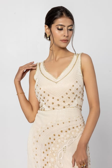 Sartoriale Off White Viscose, Polyester Sequins, Crystals V-neck Wave Embellished Gown Online at Aza Fashions Sartoriale_Off White Viscose, Polyester Sequins, Crystals V-neck Wave Embellished Gown _Online_at_Aza_Fashions