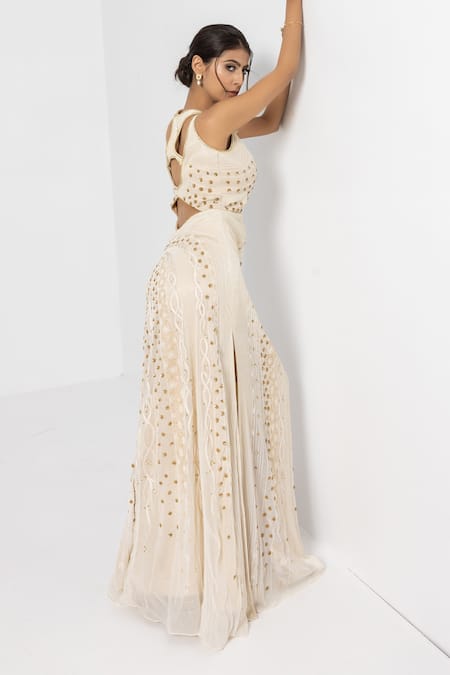 Shop Sartoriale Off White Viscose, Polyester Sequins, Crystals V-neck Wave Embellished Gown Online at Aza Fashions Shop_Sartoriale_Off White Viscose, Polyester Sequins, Crystals V-neck Wave Embellished Gown _Online_at_Aza_Fashions