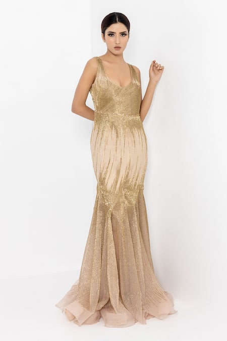 Sartoriale Beige Viscose, Polyester Sequins, Crystals Round Neck Embellished Mermaid Gown Online at Aza Fashions Sartoriale_Beige Viscose, Polyester Sequins, Crystals Round Neck Embellished Mermaid Gown _Online_at_Aza_Fashions