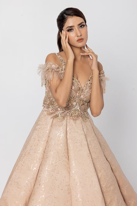 Gorgeous Pink Off The Shoulder Ball Gown Prom Dresses With Appliques